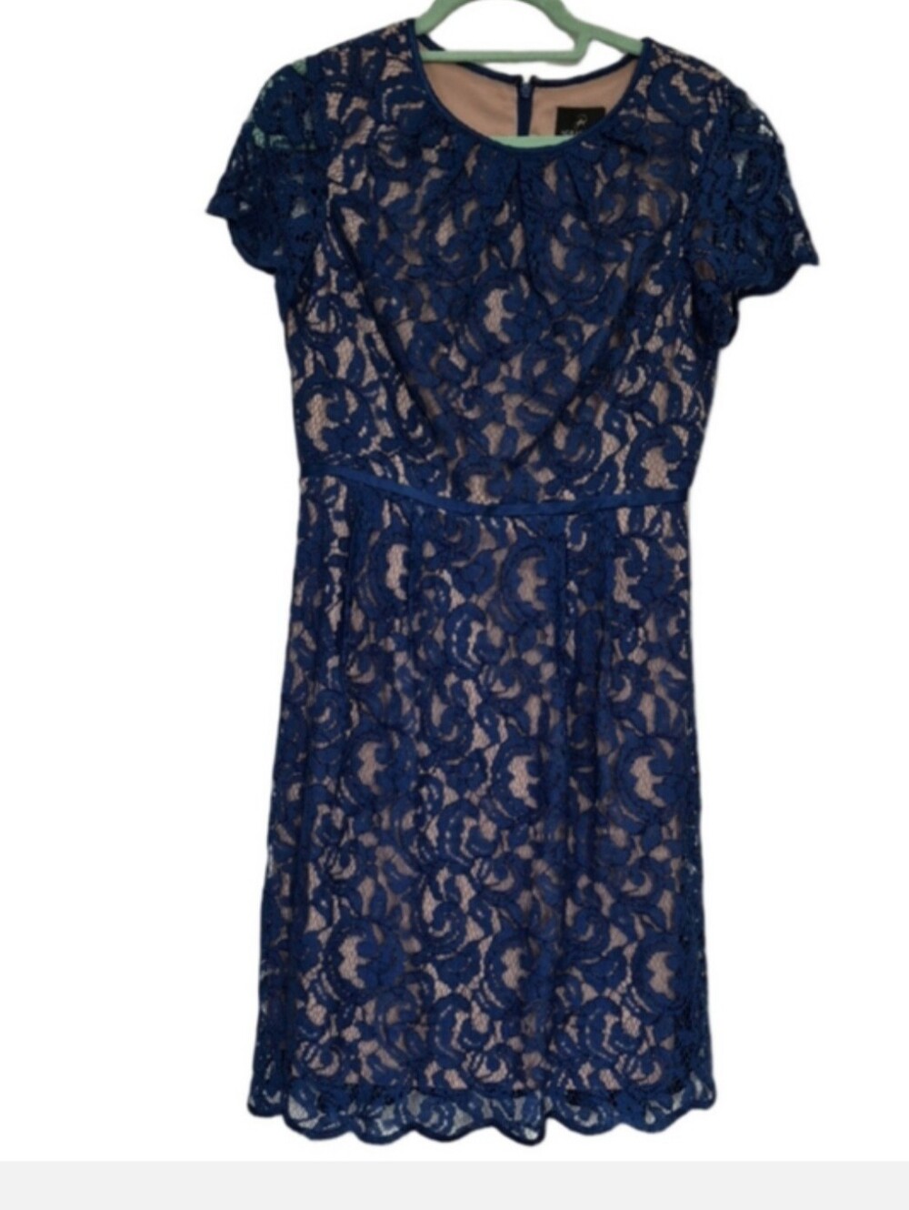 Adrianna Papell Blue Lace Overlay Silk Lined Midi Dress Wedding Guest Size 8